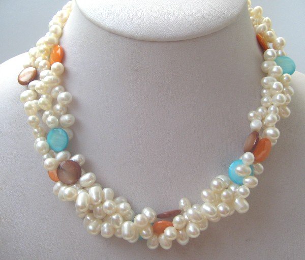 3strand white color freshwater pearl & mix shell necklace