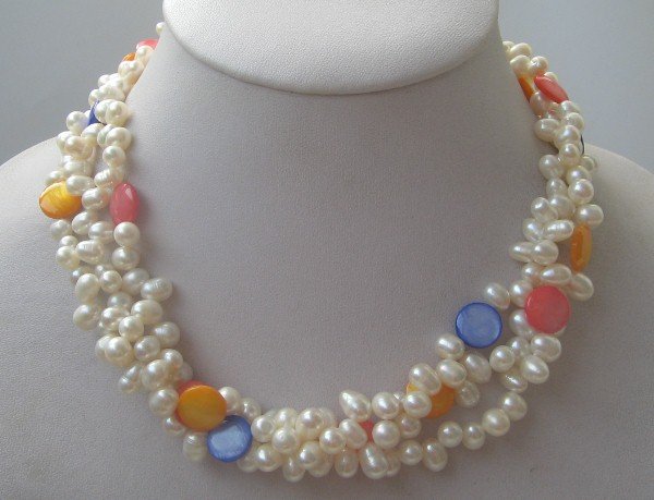 3strand white color freshwater pearl mix shell necklace