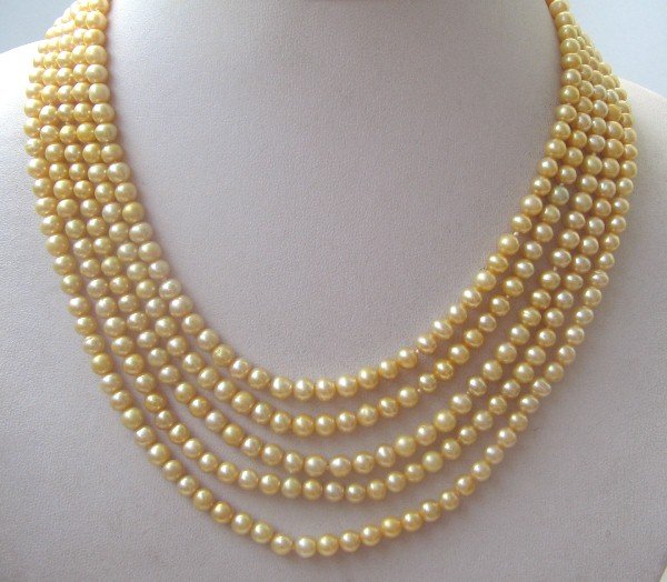 5 strands yellow color freshwater pearls necklace