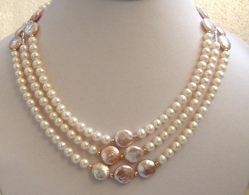 Elegant 3 strand freshwater & coin pearl necklace