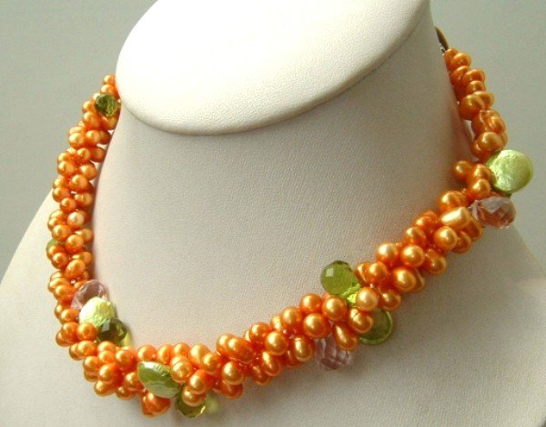 Elegant 3 strand gold freshwater pearl crystal necklace