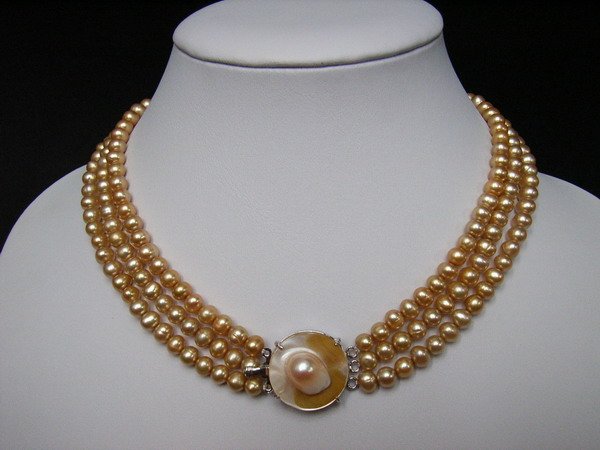 6-7MM 3 Strings Fresh Water Pearls Necklace-Champagne