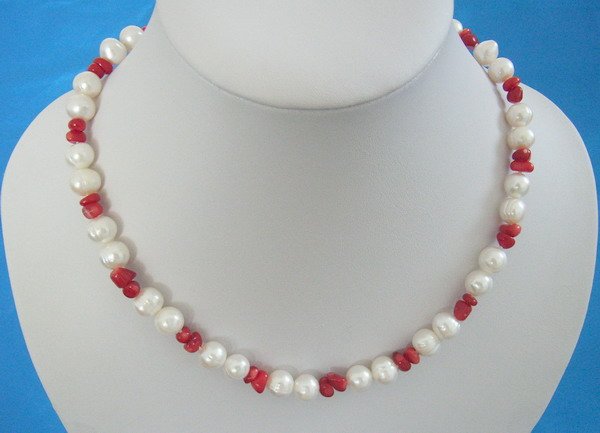 Stylish 9-10mm Fresh Water Pearl and Red coral necklace