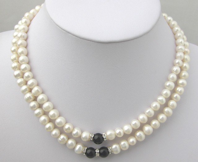 2 STRANDS 7-8MM WHITE FW CULTURED PEARL Necklace