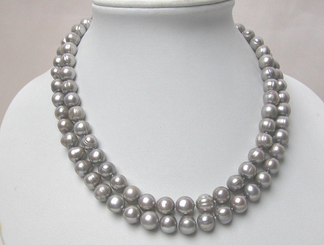 2 STRANDS 9-10mm GREY FRESHWATER PEARL NECKLACE