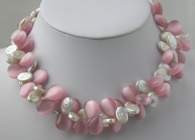 2 Strands White Coin Pearl & Pink Opal Necklace