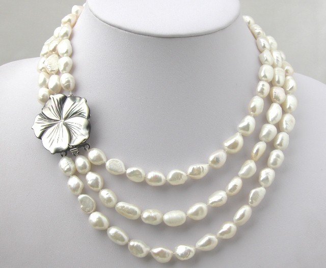 3 STRANDS 9x13MM NATURAL WHITE FW Pearl Nekclace