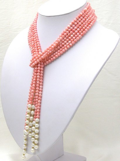 3 Strands 5mm Pink Coral And White Pearl Necklace