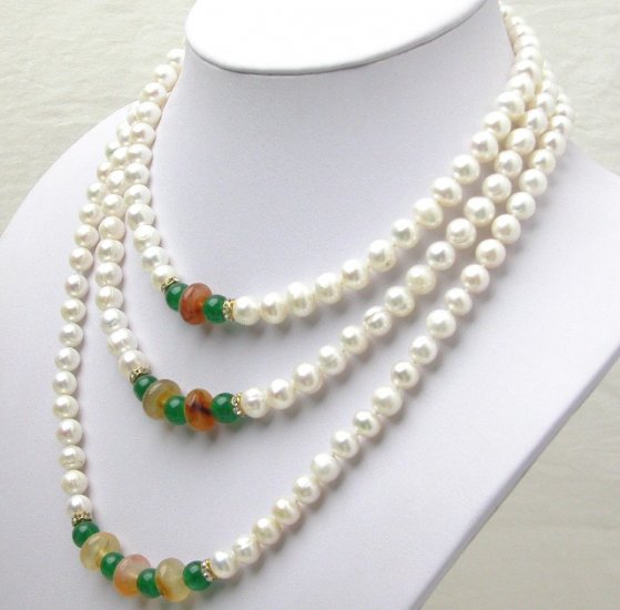 8-9mm Three Strands White Pearl Neckalce S925 Clasp