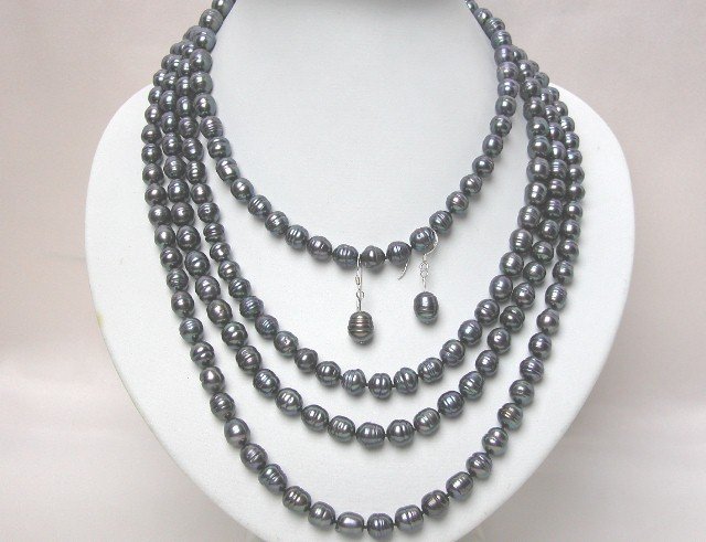 80'' SUPER LONG DARK GRAY FW PEARL NECKLACE EARRING SET