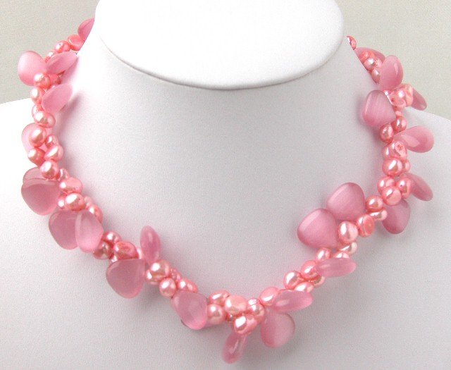 Beautiful 2 Strands Pink FW Pearl & Pink Opal Necklace