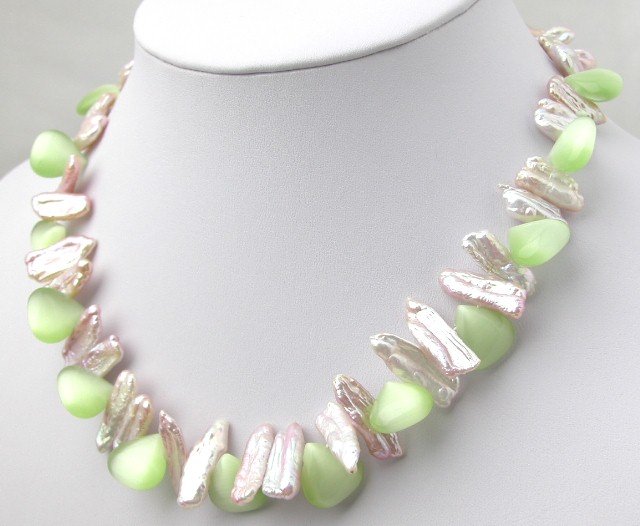Beautiful Pink Biwa Pearl And Green Opal Necklace