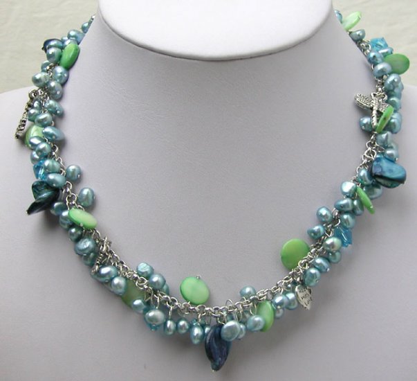 Blue Freshwater Pearl Necklace with silver adorning