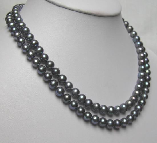 DOUBLE ROWS BLACK FRESHWATER PEARL NEACKLACEs925 clasp