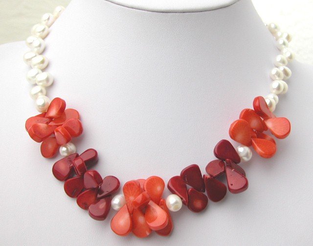 Fashionable White FW Pearl & Red Coral Necklace
