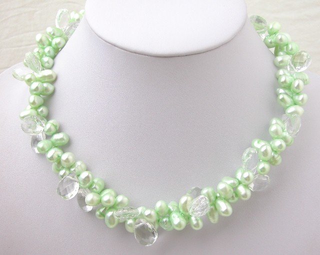 Green FW Cultured Pearl & white Crystal Necklace