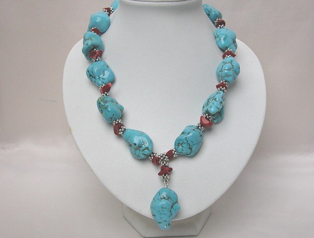 NATURAL BIG BAROQUE TURQUOISE RED CORAL NECKLACE
