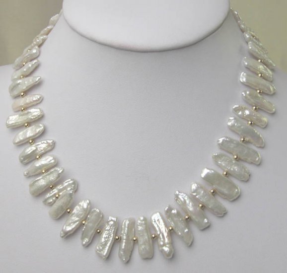 Natural white cultured BIWA Pearl Neckalce 14k GP Clasp