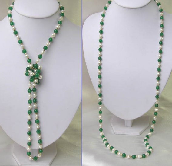 SUPER LONG GREEN JADE WITH PEARL NECKLACE 40 INCH