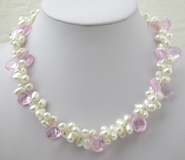 White Freshwater Cultured Pearl & Pink Crystal Necklace