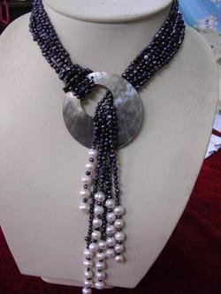 45'' 6-strand black pearl necklace with nice shell clasp