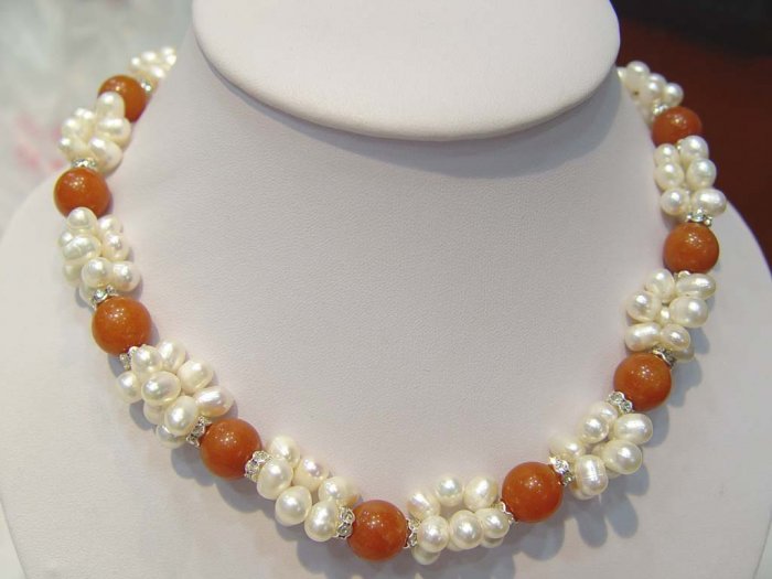 18'' 3 rows white pearl necklace with agate