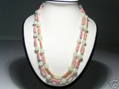 2-Row Pink&Yellow Freshwater Pearls&Jade Necklace