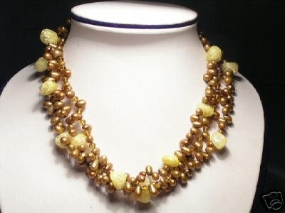 Elegant 3-Srd Yellow FW Pearls&Crystal Necklace
