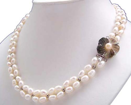 Junoesque 2rows white rice freshwater pearl necklace
