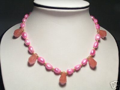 Lovely Real Pink FW Pearls&Crystal Necklace