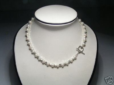 Luster Real White FW Pearls&Silver Bead Necklace 925s heart