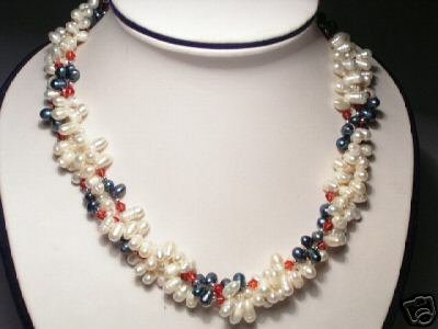 Noble 3-Srd White&Gray FW Pearls&Crystal Necklace