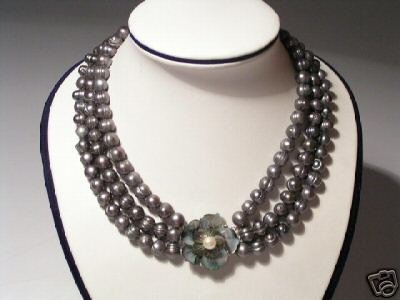 Noblest 3-Srd Gray FW Pearls&Floral Necklace925S