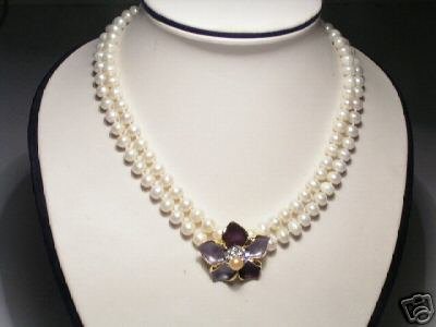 Shining Real 2-Srd White FW Pearls&Floral Necklace