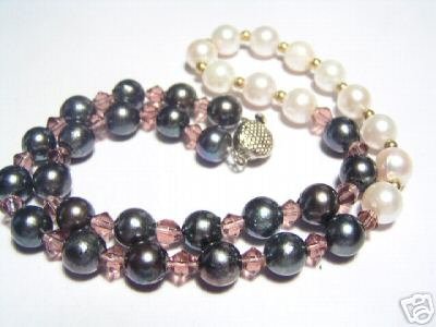 Smooth White&Slate South-Sea Pearls&Crystal Necklace