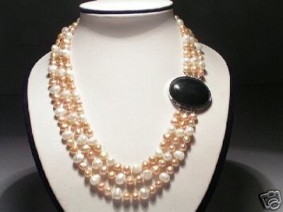 Stunning 3-Srd White&Purple FW Pearls&Onyx Necklace