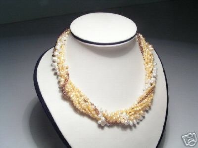 Stylish 7-Srd yellow &White FW Pearls&Crystal Necklace