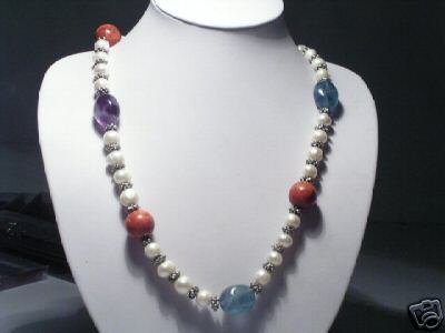 Stylish Real White Freshwater Pearls&Stone&Wooden Necklace