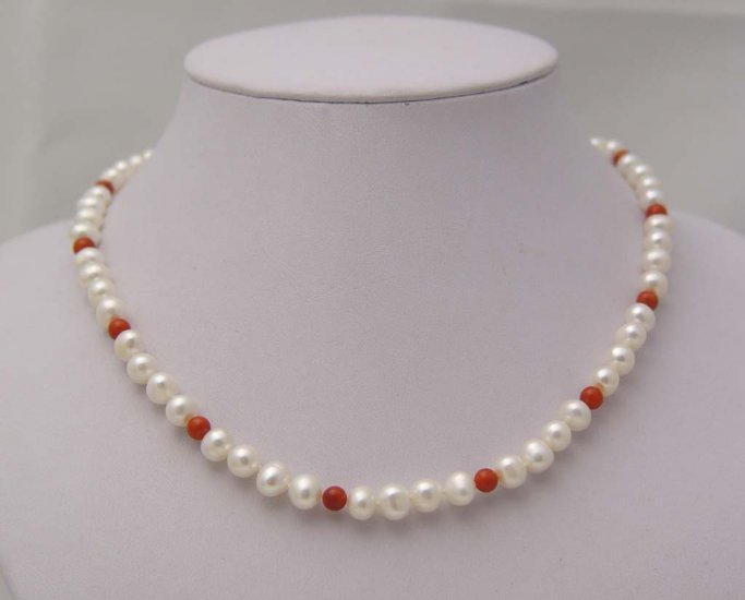 Unique! white pearl necklace &12 pcs red coral
