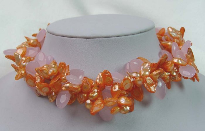 Unique!!! 2 rows fantastic pink pearl & crystal necklace