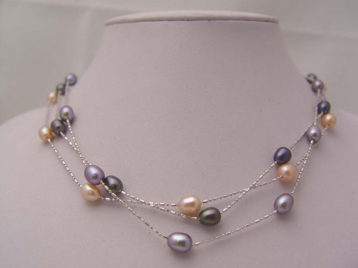 wholesale 3 strands 7MM pink black purple pearl necklace