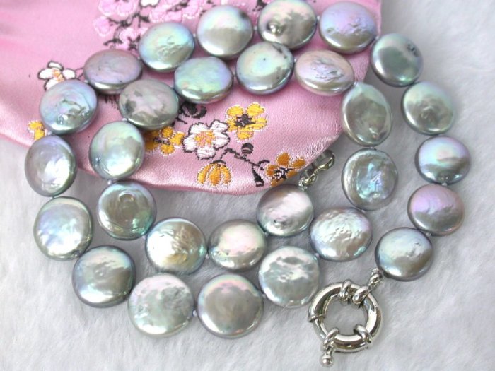 13mm round natural grey coin cultured pearls Necklace