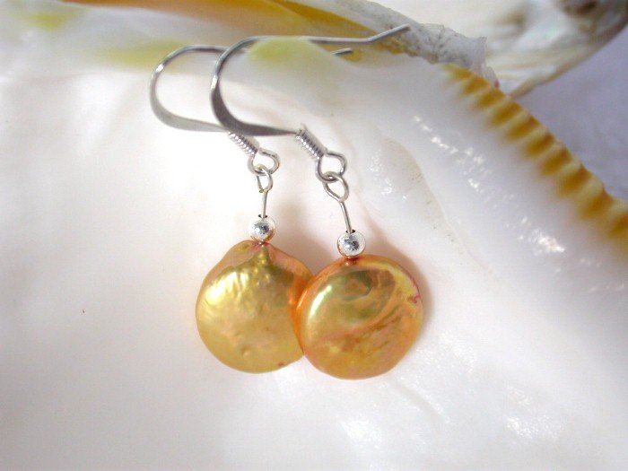 13mm golden coin cultured pearls earrings SS dangle