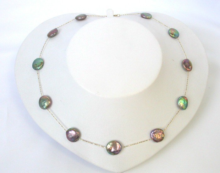 14mm round black coin cultured pearls necklace 14k gold
