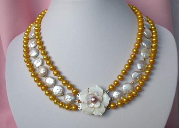 17-18-19'' 13mm WHITE coin yellow pearl Necklace cameo
