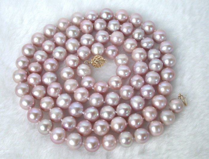 CLASSIC 35'' 9mm round pink cultured pearls necklace 9k