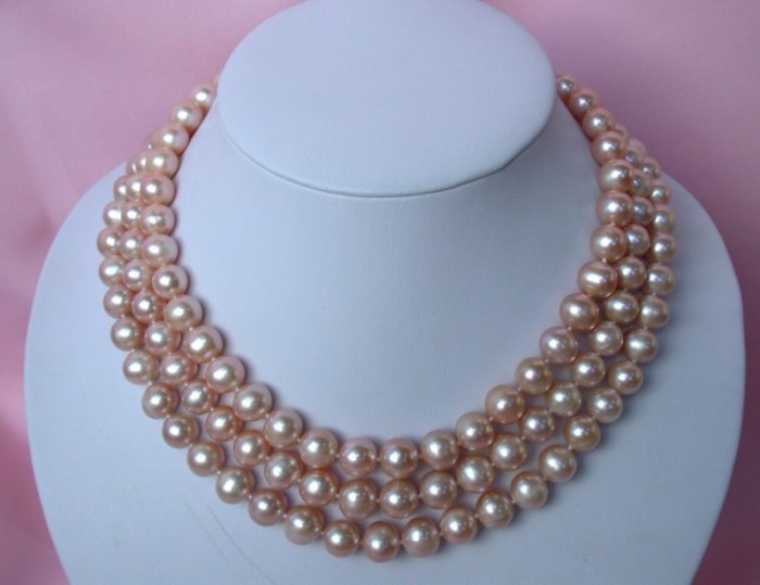 CLASSIC 3str 10mm pink round cultured pearls necklace