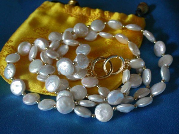 CLASSIC double 13mm coin white pearls necklace 9K GOLD