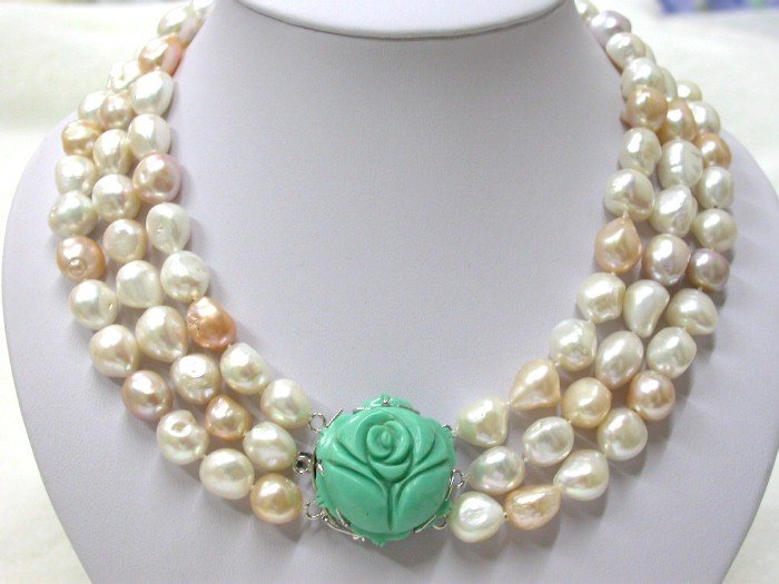 15mm white pink baroque pearls Necklace turquoise clasp