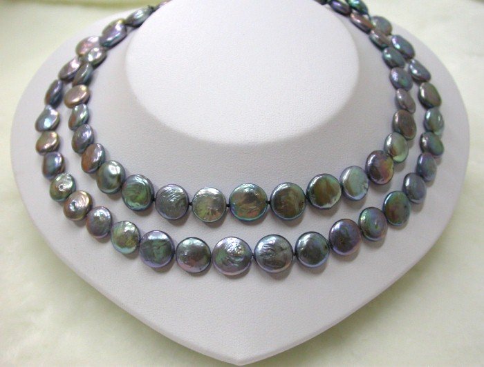 LONG 33'' 13mm black round coin cultured pearls necklace